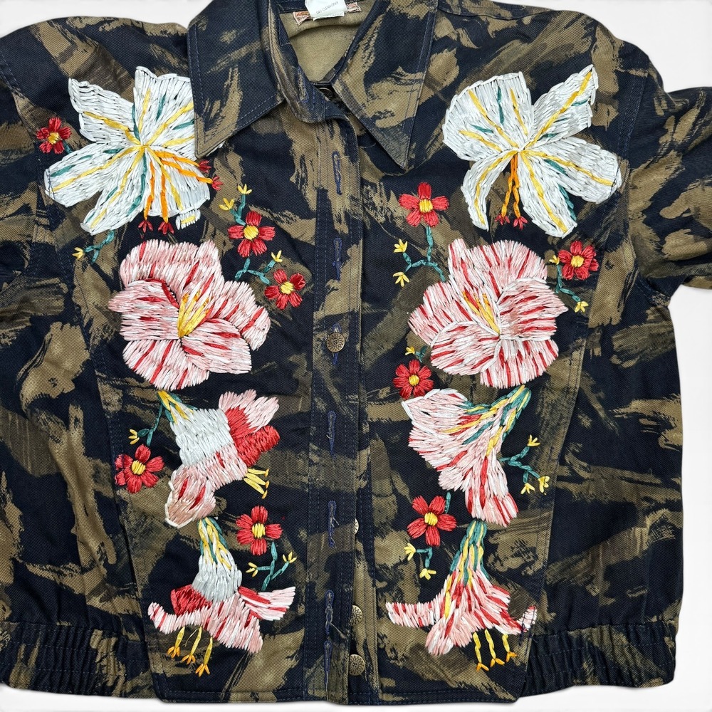 Gene Ewing Bis Bomber Jacket Camo Floral Embroidered VTG 1991 Funky Boho Fit M/L - Picture 7 of 9